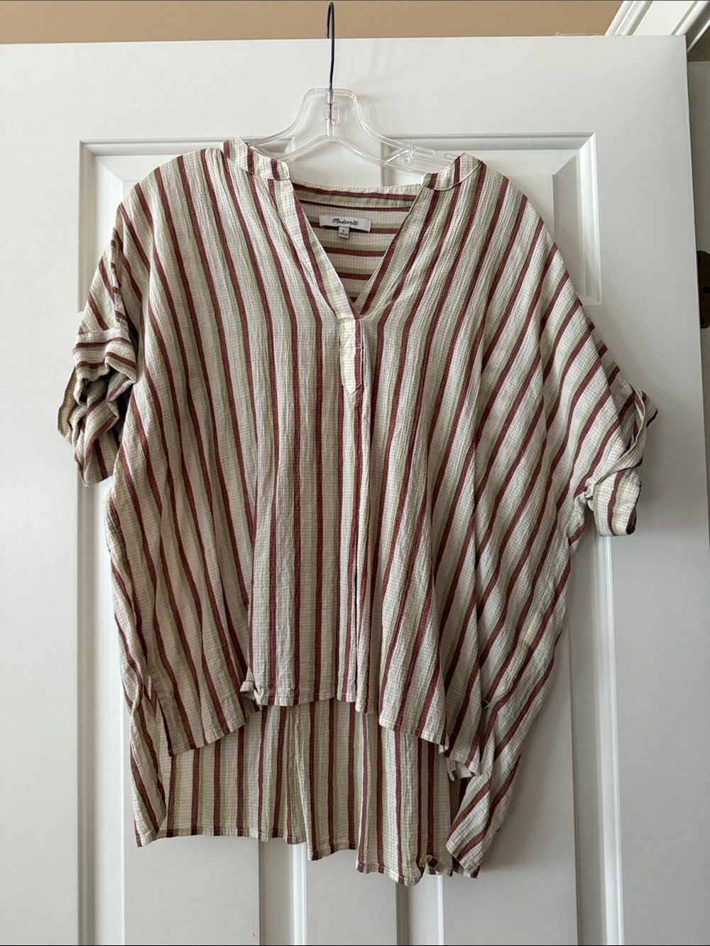 Madewell Cream and Red Striped Lightweight V-Neck Tunic
